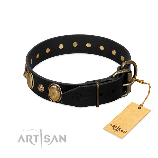 Reliable hardware on full grain leather collar for walking your canine