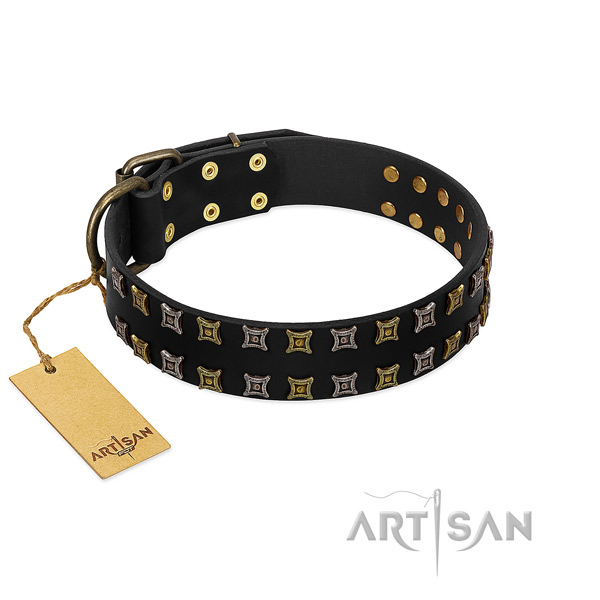 Soft natural leather dog collar with decorations for your pet