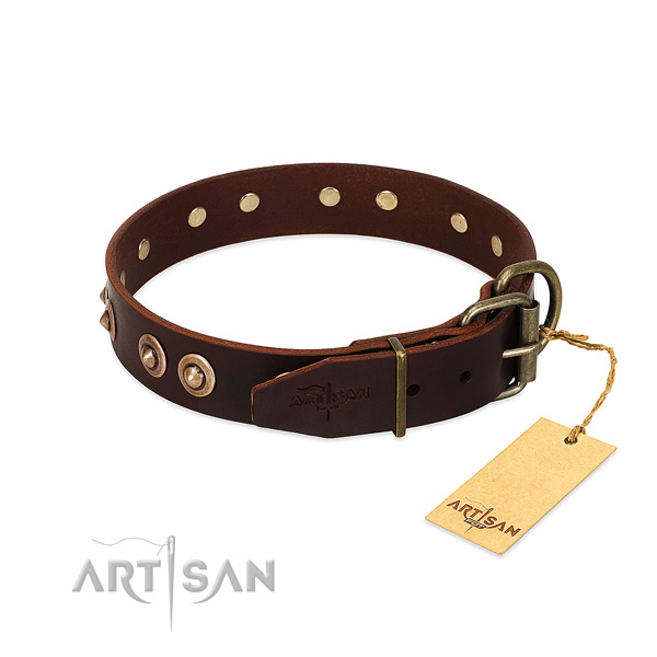 Durable D-ring on natural genuine leather dog collar for your dog