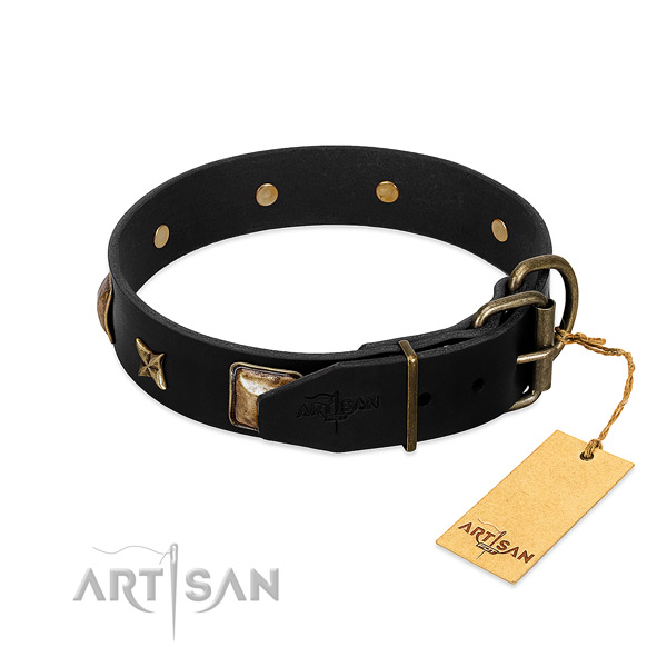 Corrosion resistant hardware on natural genuine leather collar for stylish walking your canine