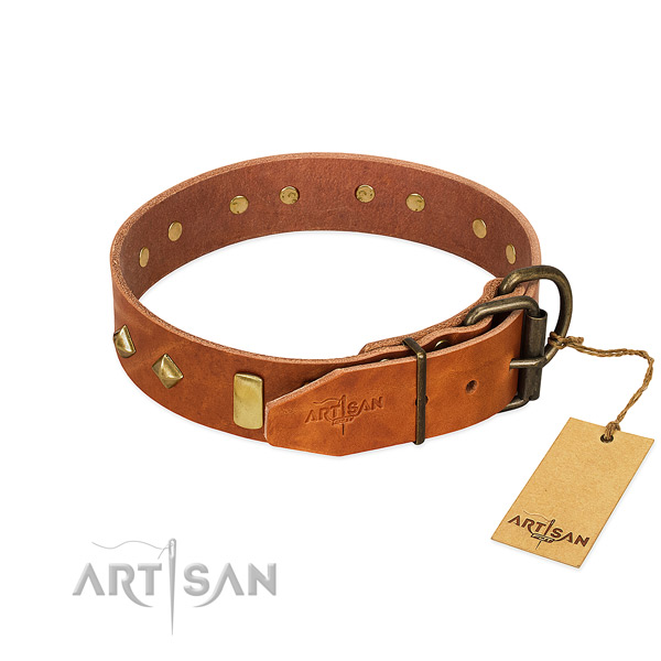 Comfortable wearing full grain genuine leather dog collar with stylish studs