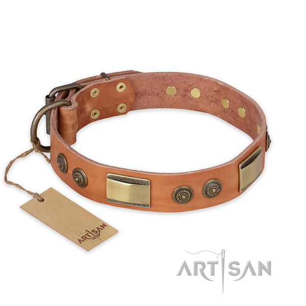 Convenient natural genuine leather dog collar for basic training