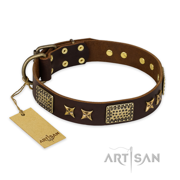 Adorned natural genuine leather dog collar with corrosion proof fittings