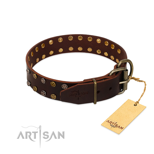 Everyday walking full grain genuine leather dog collar with trendy decorations
