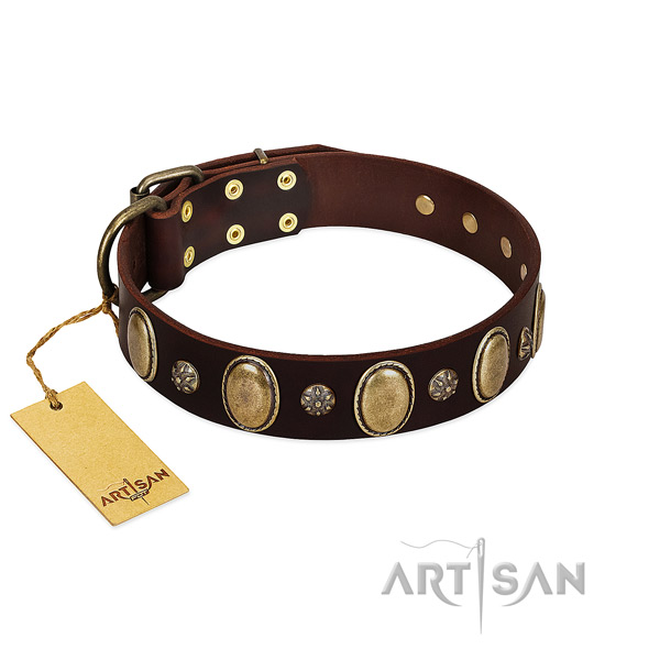 Stylish walking flexible full grain natural leather dog collar with decorations