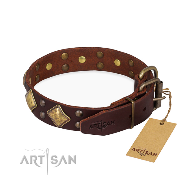 Natural leather dog collar with designer rust-proof decorations