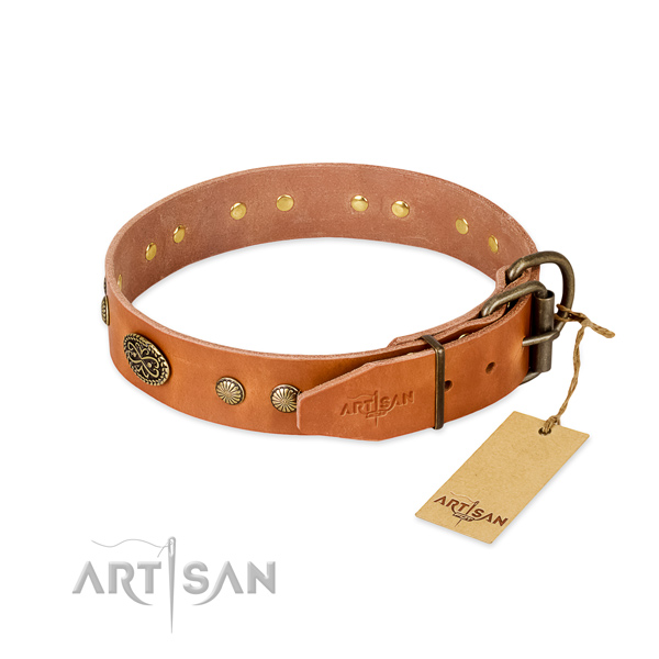 Rust resistant D-ring on full grain natural leather dog collar for your four-legged friend