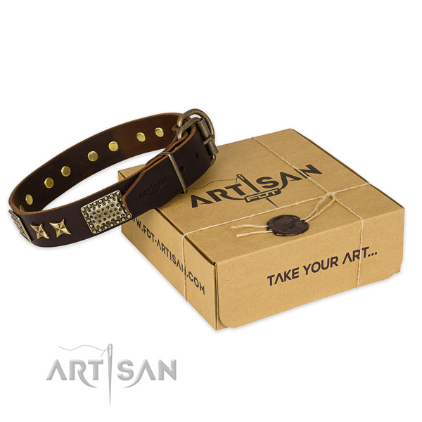 Rust resistant D-ring on full grain leather collar for your impressive four-legged friend