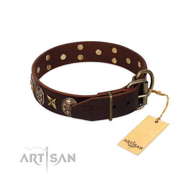 Leather dog collar with durable buckle and studs