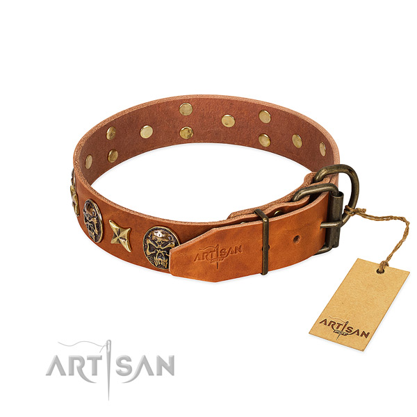 Full grain genuine leather dog collar with strong hardware and studs