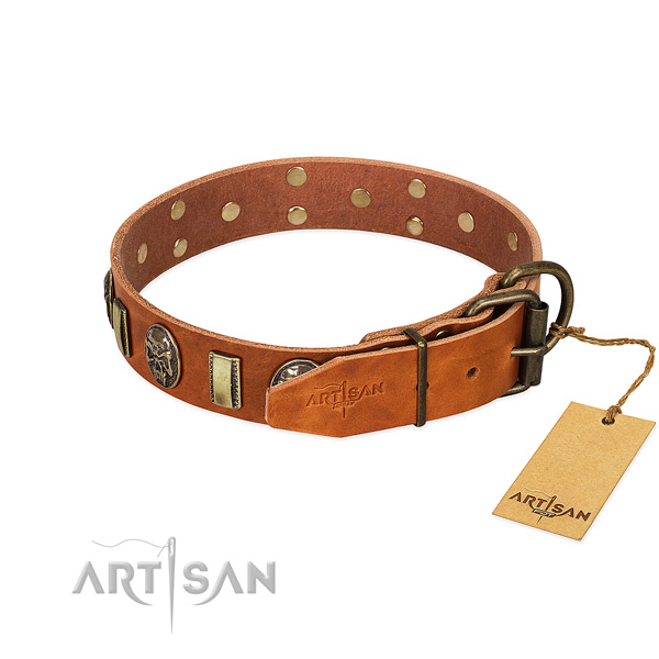 Full grain genuine leather dog collar with strong D-ring and adornments