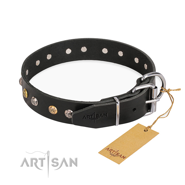 Strong natural genuine leather dog collar handcrafted for walking