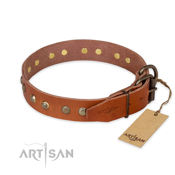 Corrosion proof buckle on natural genuine leather collar for your beautiful pet