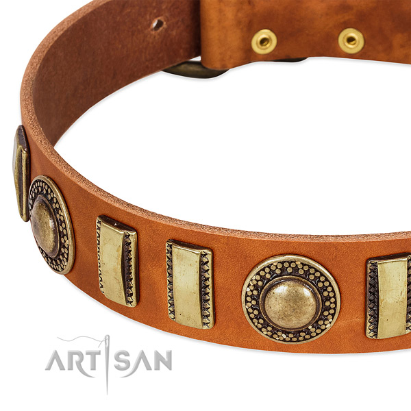 Gentle to touch full grain genuine leather dog collar with rust resistant D-ring