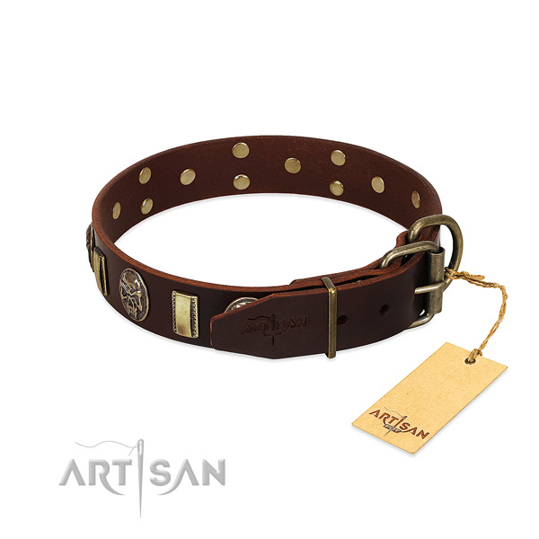 Full grain genuine leather dog collar with reliable D-ring and decorations