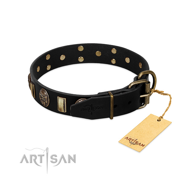 Natural genuine leather dog collar with corrosion proof traditional buckle and studs