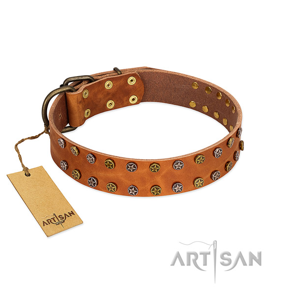 Handy use flexible full grain genuine leather dog collar with studs