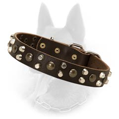 Belgian Malinois Leather Dog Collar with Two Lines of  Nickel Pyramids and One Line of Dark Brass Studs