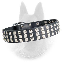 Belgian Malinois Studded Leather Dog Collar with Three  Lines of Silver Pyramids