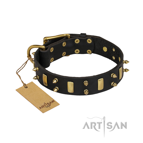 Indestructible leather dog collar with durable details