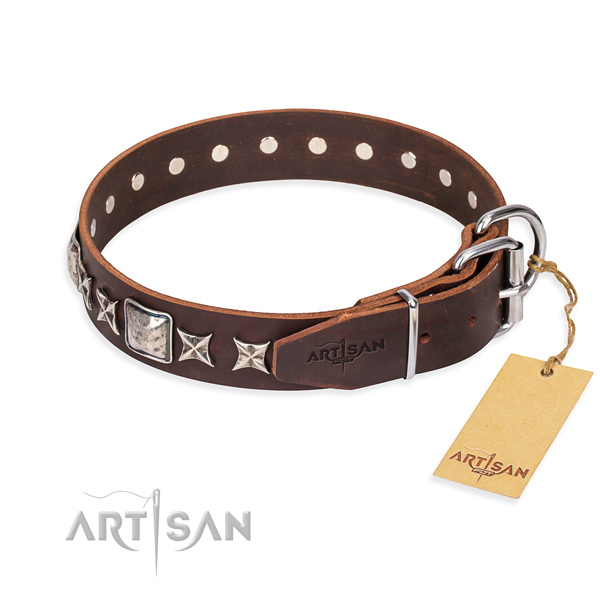 Everyday use natural genuine leather collar with studs for your pet