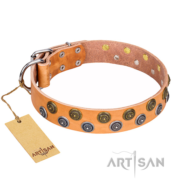 Handy use natural genuine leather collar with decorations for your four-legged friend