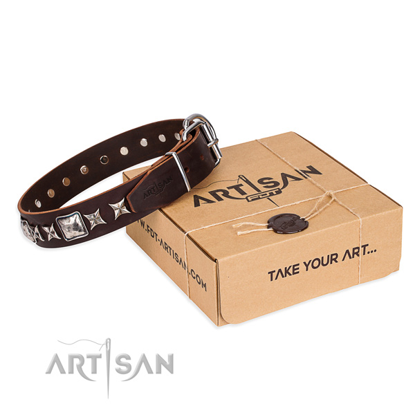 Decorated full grain genuine leather dog collar for comfy wearing