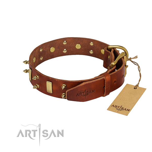 Full grain genuine leather dog collar with worked out surface